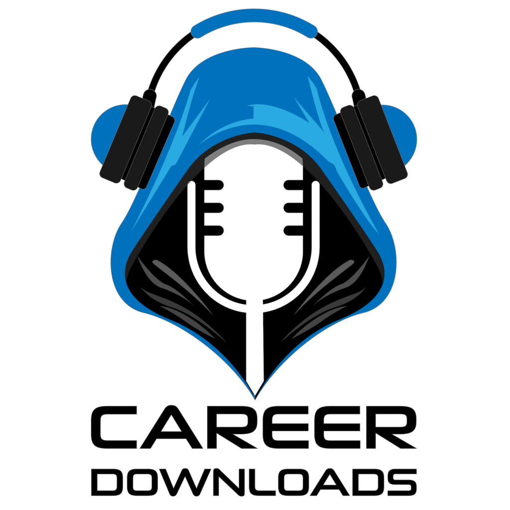Career Downloads Logo. A white microphone wearing a blue hoodie and headphones with the name below in black letters.